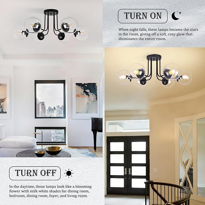 KoKo&Yukina 6-Light Modern Semi Flush Mount Ceiling Light Fixture Mid Century Ceiling Light Globe Ceiling Light with Clear Glass Shade Matte Black Finish for Bedroom Hallway Dining Room Living Room