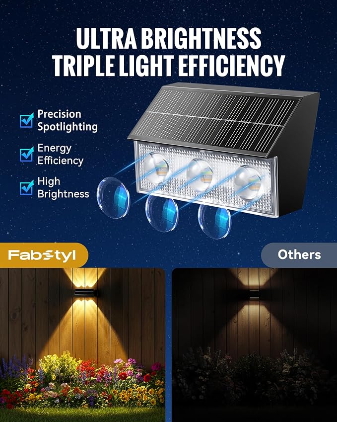 Solar Fence Lights Outdoor 4 Pack, 3 Modes 3000K/4500K/6000K, Up and Down Fence Lights Solar Powered for Outside, Deck Lighting for for Backyard/Garden/Patio/Garage Wall Decor