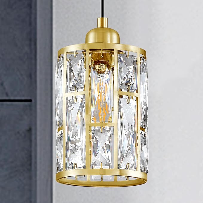 3 Pack 1 Light 5.4" Crystal Shade Hanging Kitchen Island Pendant Light Gold Finish,Modern Pendant Fixture with Crystal Metal Shade for Bar,Dining Room,Living Room Over Sink