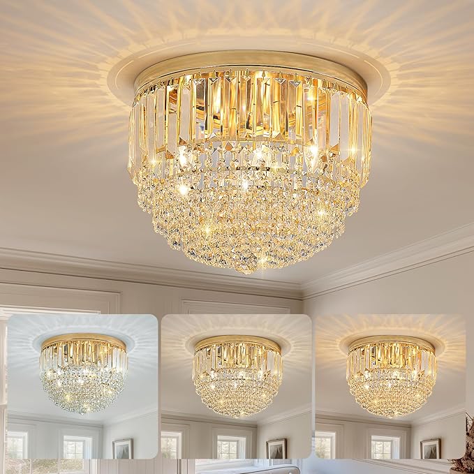 YMP&YZX Modern French Gold Crystal Chandelier Ceiling Light,15.7" Semi Flush Mount 5-Lights LED Crystal Round Chandelier Light E12 Base for Bedroom Living Room