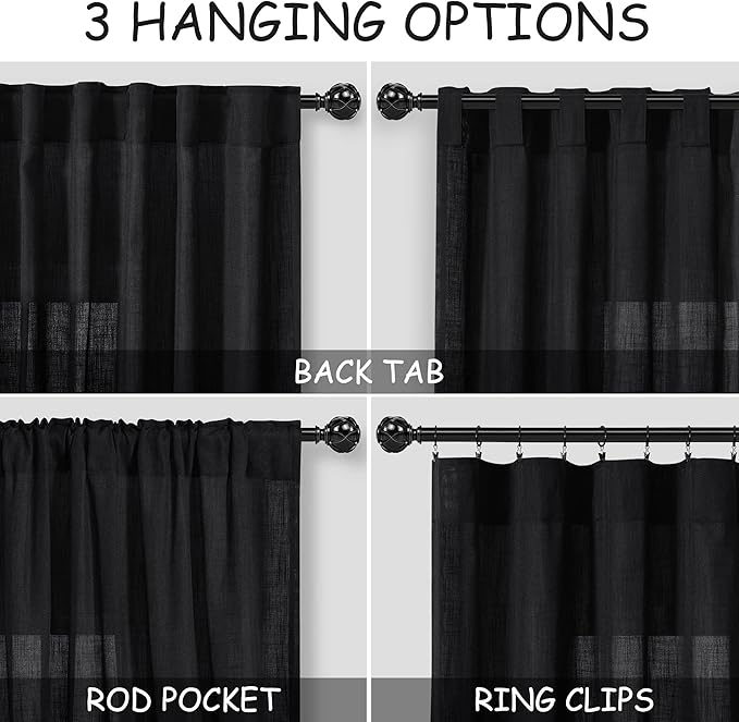 Nanspring Short Linen Curtains 36 Inch Length for Kitchen Windows Over Sink Black Privacy Back Tab and Rod Pocket Modern Neutral Curtains for Cafe Basement 30 x 36 Inch,2 Panels