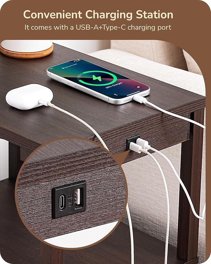 EDISHINE Floor Lamps for Living Room, Dimmable Bedside Floor Lamp with Table and 2 Shelves, USB-A+Type-C Port, Farmhouse Standing Light for Bedroom, Den, Office, Kids Room with Bulb, Dark Walnut