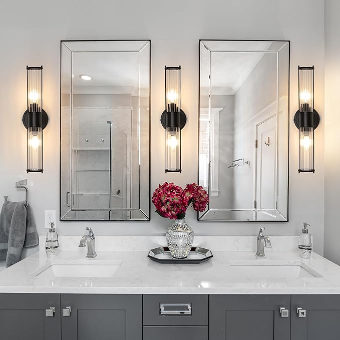 Wall Sconces Set of Two, Black Bathroom Sconces Wall Lighting - Modern Vanity Light Vertical and Horizontal Wall Mount 2-Light Indoor Wall Light for Hallway Living Room(E12 Bulbs Excluded)