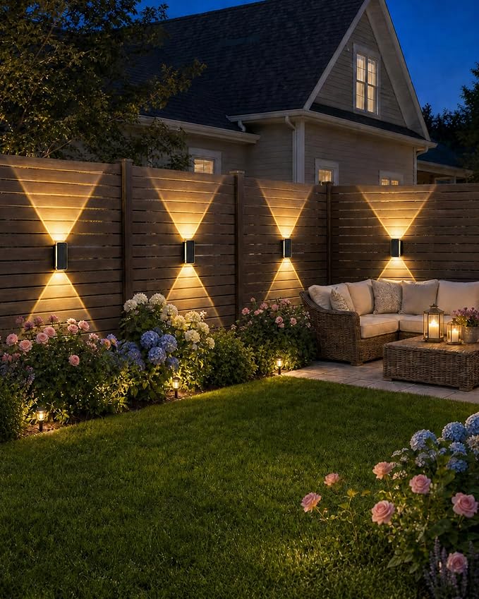 vighep Solar Fence Lights Outdoor 4 Pack, 5CCT(3000K-6000K) Up and Down Solar Wall Lights, IP65 Waterproof Dusk to Dawn Fence Lights Solar Powered for Patio, Porch, Backyard, Garage, Wall Decor