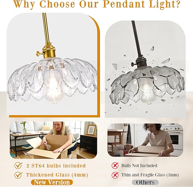 Mid Century Modern Pendant Light 2 Pack Hanging Adjustable Pendant Lights with Brushed Gold Fixture Clear Flower Glass Vintage Chandelier for Kitchen Island Bedroom Dining Room（Bulb Incl.）