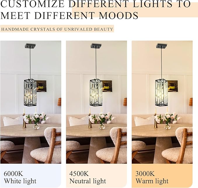 Crystal Pendant Lights for Kitchen Island, Pendant Lighting Modern Pendant Light, Adjustable Pendant Light Fixture for Kitchen (Black, Square-2pcs)