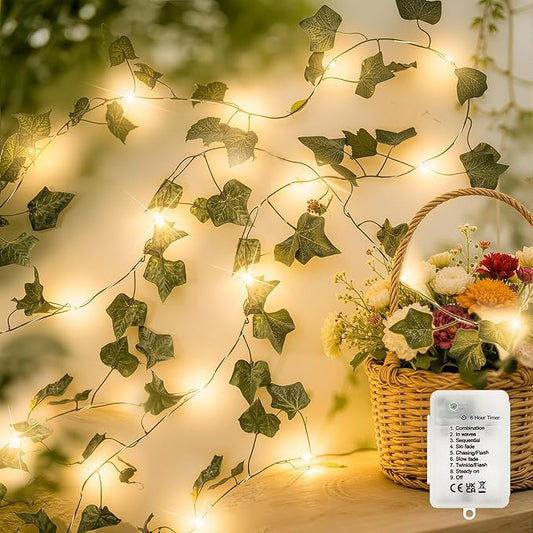 66FT Ivy Vines with Fairy Lights, IP44 Waterproof 200LED String Lights with 8 Modes & Timer, Battery Operated Artificial Greenery Garland for Aesthetic Bedroom Wall Decor, Party, Wedding