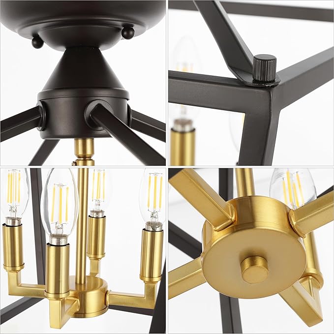 JONATHAN Y 12" Oil Rubbed Bronze/Brass Gold Modern Farmhouse Pagoda 4-Light LED Semi Flush Mount Lantern, Metal Ceiling Light Fixture for Kitchen, Hallway, Entryway, Bedroom, Hardwired (JYL7610G)