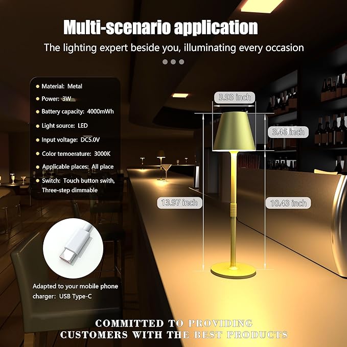 Timjorman 2-Pack Cordless Table Lamps - 5000mAh Rechargeable Battery Operated Desk Lamp, 3-Level Dimmable LED Night Light for Bedroom, Dining, Restaurant - Metal Design (Champagne Gold 2Pack)