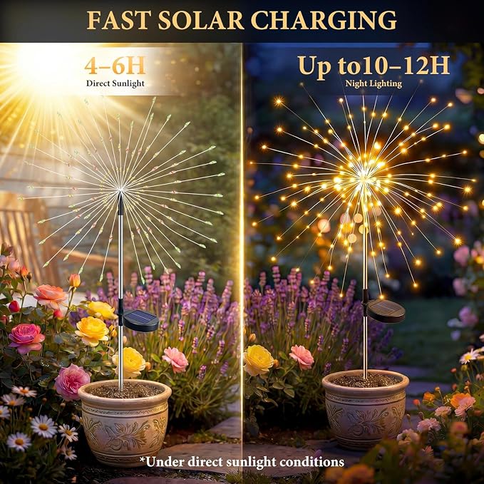 Solar Firework Lights, 10 Pack 120 LEDs 8 Lighting Modes Twinkle Solar Garden Lights Outdoor Waterproof for Yard Patio Walkway Pathway Party Wedding Balcony Decorative- Warm White