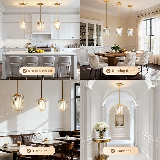 Crystal Pendant Lights Kitchen Island 3 Pack, Modern Gold Pendant Light Fixtures Mini Adjustable Chandeliers for Kitchen Island Dinning Room Bedroom Hallway with E26 Base (Bulbs Not Included)