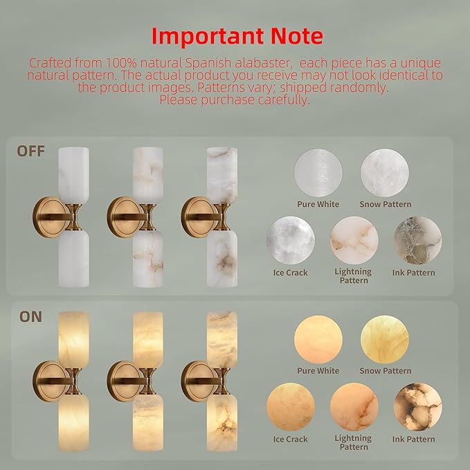 Alabaster Wall Sconce, Solid Brass Sconce with Natural Spanish Alabaster, 14.4 in Vanity Lights for Bathroom, Hardwired Wall Lamp for Bedroom Living Room Staircase Hallway, G9 LED Bulb