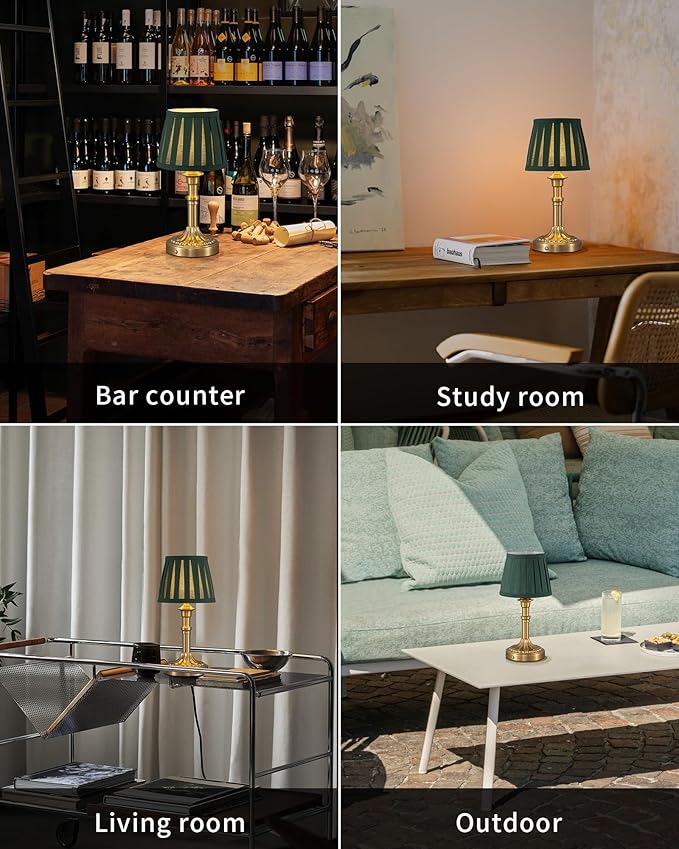 KDG Cordless Portables Table Lamp Set of 2, LED Fabric Shade Small Desk Lamps, 5000mAh Battery Powered Lighting, 2700K Stepless Dimmable Light for Living Room, Dining Room, Bedroom (Gold+Green)