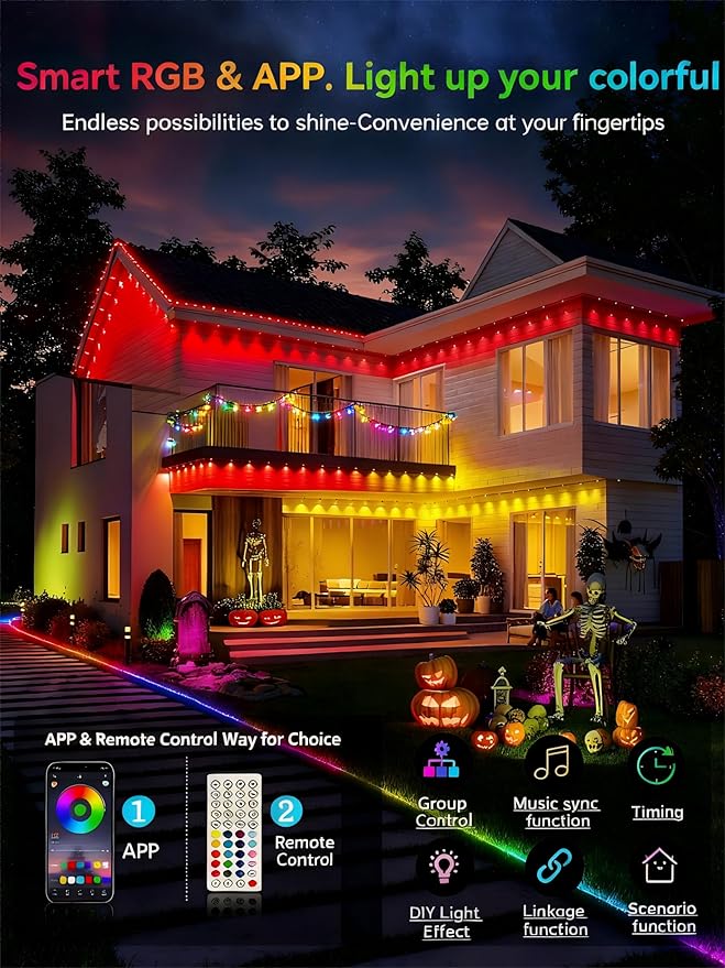 Permanent Outdoor Lights,150FT RGB Christmas House Lights Outdoor with APP Remote Control, IP67 Waterproof Smart Eternity Eaves Lighting for Holiday, Party, Daily