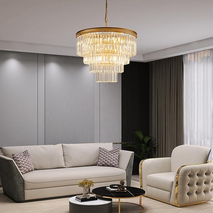 Gold Crystal Chandelier 22.9" 10-Lights Modern Crystal Pendant Lights 4-Tier Luxury K9 Hanging Dining Room Lighting Fixture for Living Room Bedroom Kitchen Island Entryway Stairway Office