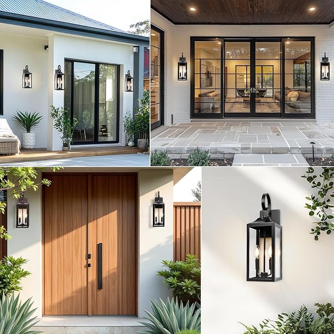 Black Dusk to Dawn Outdoor Wall Lantern 2-Light, 19" Large Modern Outdoor Wall Lights, Industrial Porch Lights Wall Mount with Tempered Glass, Waterproof Farmhouse Exterior Lighting Fixtures, 2 Packs
