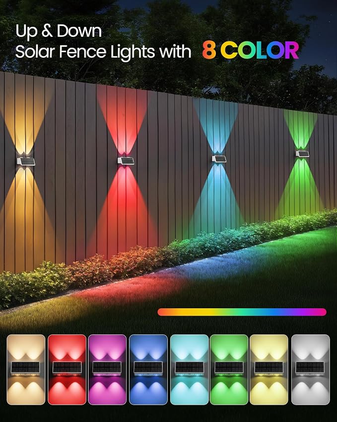 Bridika Solar Fence Lights, 16 Pack Up and Down Solar Lights Outdoor Waterproof, 8 Colors Lens LED Dusk to Dawn Wall Lights for Fence, Patio, Deck, Backyard, Garden White