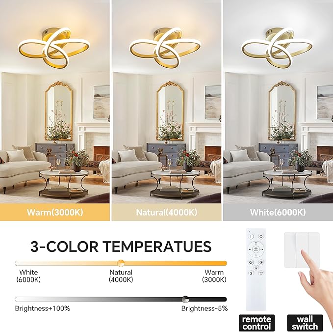 Modern Ceiling Light, 36W LED Dimmable Ceiling Light with Remote Control, Color Temperature Changing, Gold Small Chandelier for Bedroom, Entryway, Hallway, Kitchen