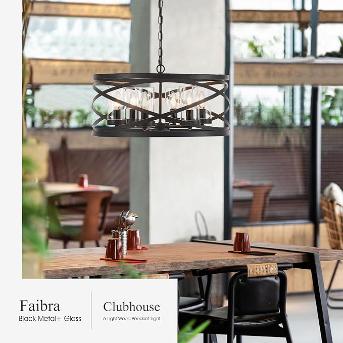 6-Light Farmhouse Drum Pendant Light,21.65'' Nature Wood Texture Vintage Rustic Chandeliers Black Metal Industrial Glass Shade Hanging Light Fixtures for Entryway, Bedroom Dining Room