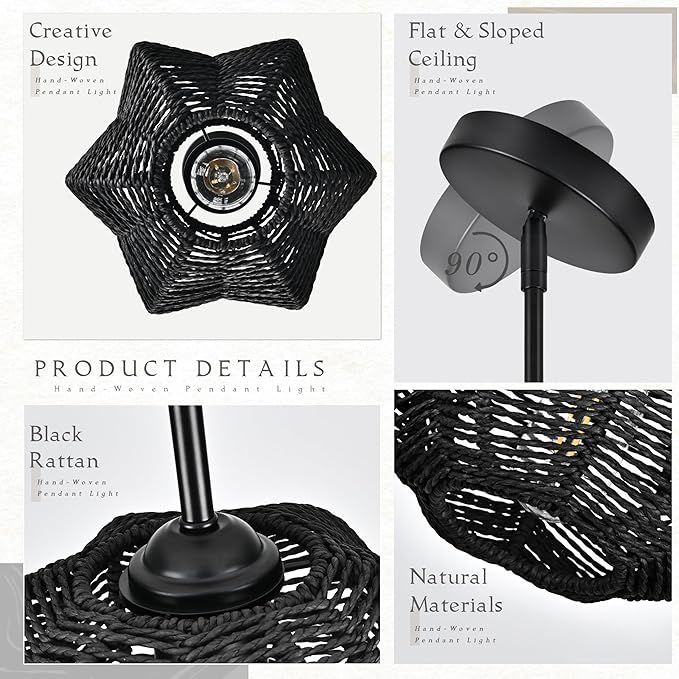 Black Mini Rattan Pendant Light Rattan Light Fixture Wicker Chandelier Woven Pendant Light Boho Chandelier for Bedroom Kitchen Island
