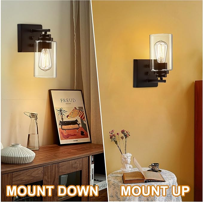 Pia Ricco Wall Sconces Set of Two, Bedside Wall Lamps with Rotary Switch for Bedroom, Modern Bathroom Light Fixtures with Clear Glass Shade, Black Sconces Wall Lights for Living Room, Hallway, Kitchen
