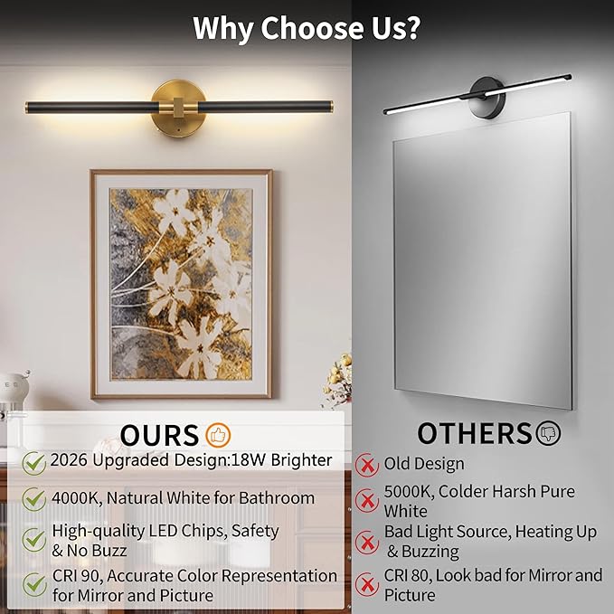 2026 Upgrade Black and Gold Vanity Light, 18W Brighter 24" Gold Bathroom Light Fixtures Linear Modern LED Bathroom Vanity Lighting Fixtures Over Mirror Light Bar Sconce, 360° Rotable 4000K CRI 90+