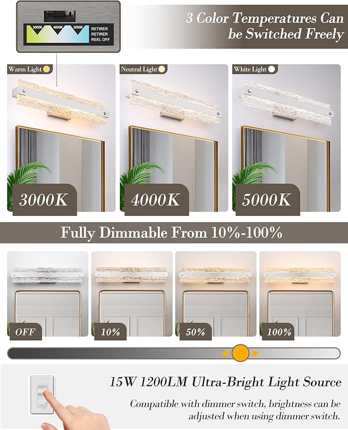 Brushed Nickel LED Bathroom Vanity Light, 24.4 Inch 15W Modern Dimmable Bathroom Light Fixture Over Mirror, Crystal Bar Wall Sconce Lighting for Bath, 3CCT, OS-MM5001-3BN