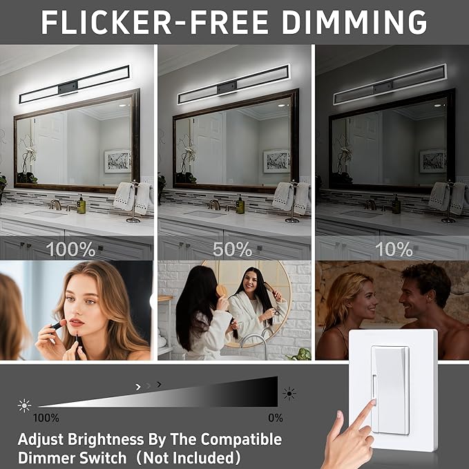 ZUZITO LED Bathroom Light Fixtures - Dimmable 48 Inch Vanity Light Black - Modern Bathroom Light Bar Over Mirror 6000K