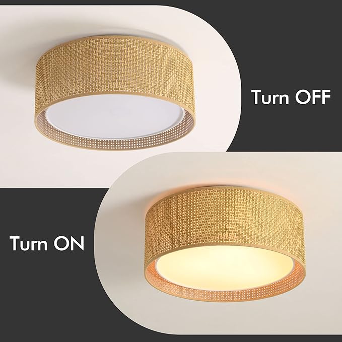WINGBO 15.7" Modern 3-Light Flush Mount Ceiling Light Fixture with Fabric & Acrylic Double Drum Shade for Bedroom Living Room Dining Room Hallway Entryway, Brown