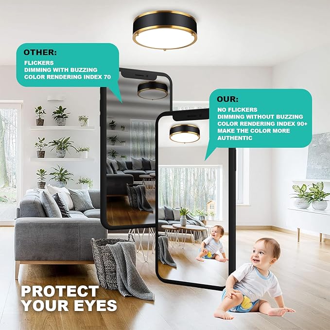 Edwarmlux 12.5 Inch LED Flush Mount Light Fixture, 26W, Modern Ceiling Light, 3 Color Adjustable 3000K/4000K/5000K, Dimmable for Bedroom, Hallway, Bathroom, Kitchen (Black Gold)