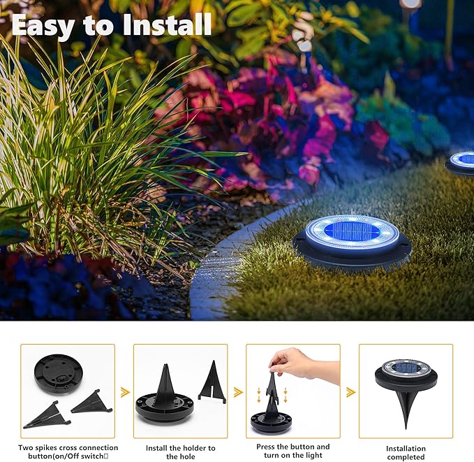 Flacchi Solar Lights Outdoor Waterproof - 2-in-1 Solar Powered Ground Lights Outdoor Solar Disk Light Landscape Light for Deck Step Patio Yard Pathway Walkway Driveway Garden (Blue, 12 Pack)