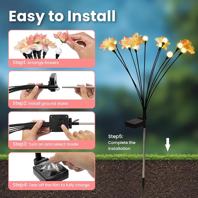 PEVOROS Solar Garden Lights, Warm White LED Swaying Solar Flowers Light for Outside, Waterproof Garden Decor, Outdoor Decorative Lights Yard, Patio, Pathway Decoration Gardening Gifts (4 Pack)