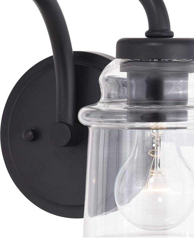 VAXCEL Toledo 2-Light 14.75 inch Wide Matte Black Industrial Bathroom Vanity Lighting Fixture, Clear Glass Shade, Dimmable, LED Compatible, Over The Mirror Mounted Steel Wall Sconce
