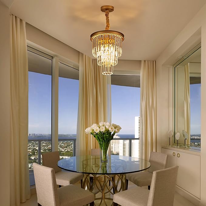 4-Light Gold Crystal Pendant Light, 3-Tier 11.8" Luxury Crystal Pendant Light Perfect for Dining Room, Bedroom, Kitchen, Living Room