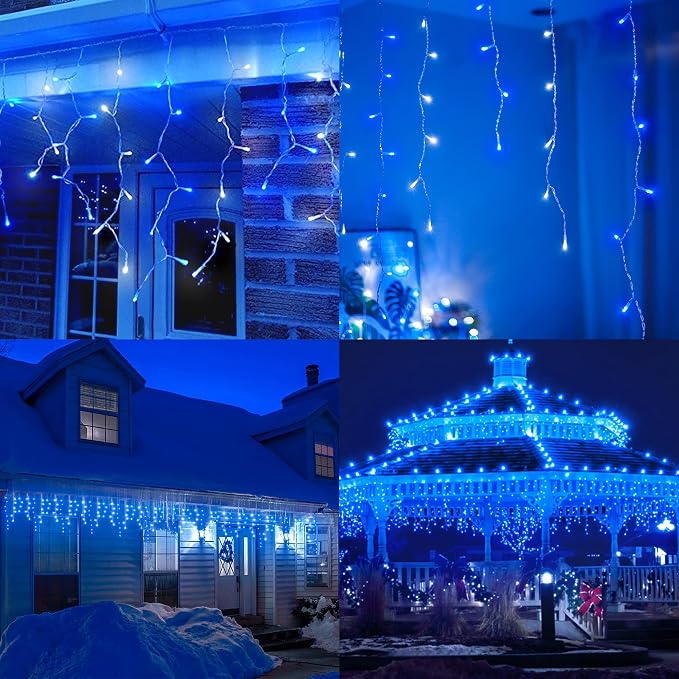 Hopolon 33FT 360 LED Blue White Christmas Icicle Lights,Waterproof Plug in | Outdoor icicle curtain lights with 60 drops, 8 modes, for Christmas, wedding, party, bedroom, garden, wall decor
