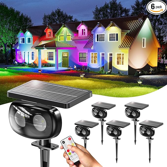 Solar Spot Lights Outdoor Waterproof IP68, RGB Colors Changing Solar Lights with 4 Lighting Modes, Solar Powered Lights Outdoor for Yard Outside Landscape Garden (6Pack)