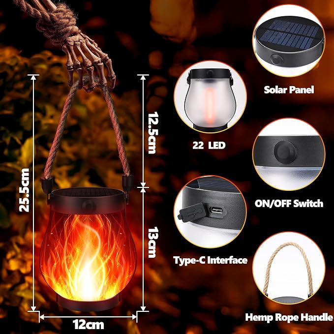 iBaycon 1 Pack Gen2 Solar Lantern Lights USB Halloween Flame Lamp, Red | Solar Garden Lights with Dual Charging USB & Solar, 2 Modes Outdoor Waterproof Hanging Lantern for Home Halloween Decor
