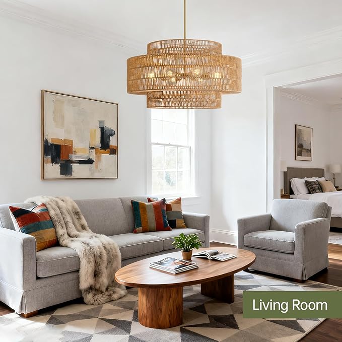 30” Boho Rattan Chandelier Light Fixture, 8-Light Large Hand Woven Pendant Light Fixture Farmhouse Rustic Chandeliers for Dining Room, Kitchen, Bedroom, Living Room, Hallway, Foyer