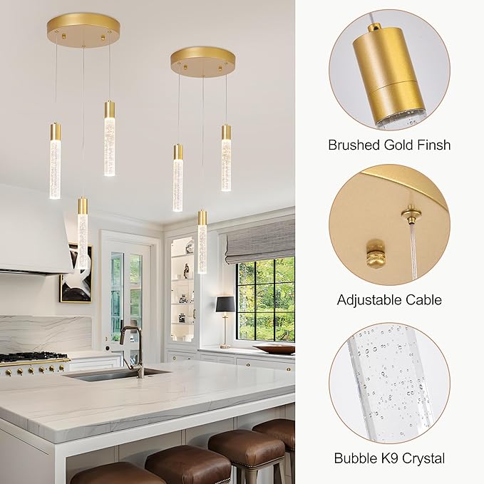 3-Light Bubble Crystal Ceiling Gold Integrated Crystal Pendant Chandelier,Dimmable LED Ceiling Light with Adjustable Height for Kitchen Island, Dining Room & Bedroom 3000K -6000K
