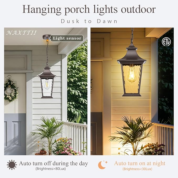 Outdoor Pendant Lights for Porch 16.5" Large Dusk to Dawn Outdoor Chandelier with Water Ripple Glass Oil Rubbed Bronze Modern Hanging Porch Light with Adjustable Chain E27 Socket