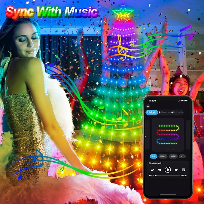 Smart Christmas Day Decorations Lights with Star Topper, 11.48ft 350 LED DIY Waterfall Tree Lights with Remote Timer Color Changing Light Music Sync APP Control for Wedding Holiday Party Decor