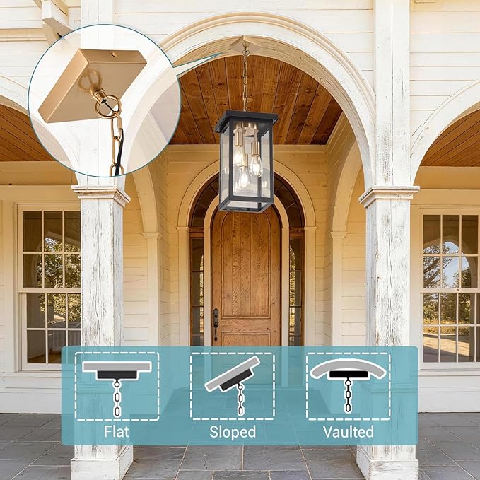 LOUSACE 16.1'' Large Outdoor Pendant Light Fixtures 3-Lights Brushed Brass & Black Outdoor Chandelier Exterior Hanging Porch Light Fixtures, Outside Pendant Porch Light Lantern for Entrace Balcony