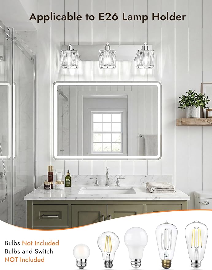 VOLISUN Chrome Bathroom Light Fixtures, Modern Stainless Steel Bathroom Lighting Fixtures Over Mirror, 3 Light Bathrooms Vanity Light, Crystal Vanity Light for Bathrooms-UL Certificated(Exclude Bulb)