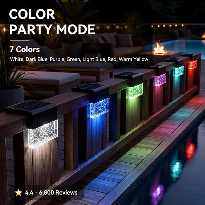 SUNFACE Solar Step Lights Outdoor 4 Pack, Solar Deck Fence Lights Waterproof, Bright LED Lights with 2 Lighting Modes Warm White & 7 Color, for Stairs Deck Patio Railing Backyard Pool