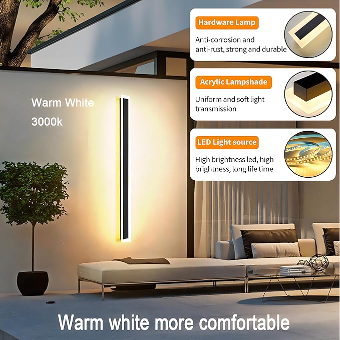 2Pack 23.6inch Long Outdoor Modern LED Wall Light,18W Waterproof IP65 Warm White 110V led Wall Mount Lighting Fixture Rectangular Black Wall Lights Elegant Frosted White Acrylic Anti Rust