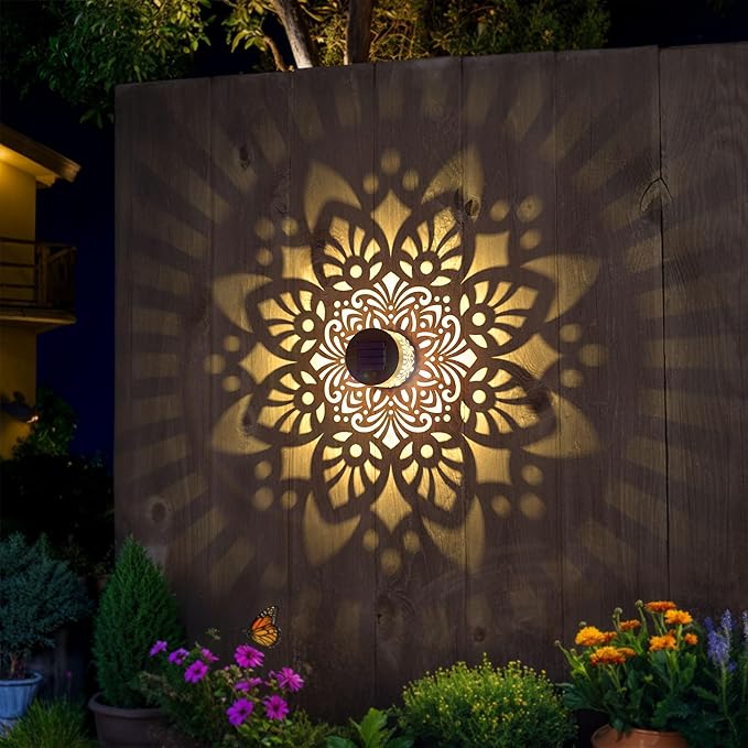 4 Pack Solar Fence Lights Metal Solar Powered Outdoor Wall Deck Step Lights Mandala Theme Waterproof Fence Light for Garden Post Patio Backyard Yard Decor, Gardening Gifts for Women Mom Grandma