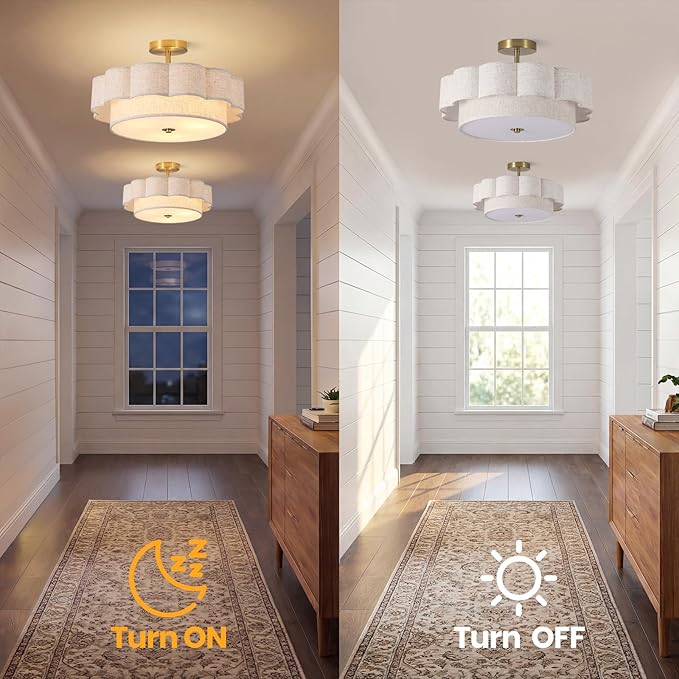 17.7" Modern Drum Semi Flush Mount Ceiling Light,3-Lights White Drum Ceiling Lighting Fixture,Vintage 2-Layer Linen Ceiling Lamp for Dining Room,Kitchen, Basement, Bedroom, Laundry Room