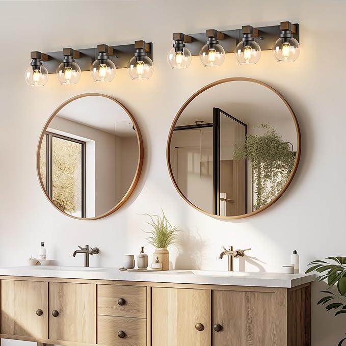 Farmhouse Bathroom Vanity Light Fixtures, 4-Light Wood Bathroom Light Fixtures Over Mirror, Rustic Vanity Lighting with Glass Shade for Living Room, Bedroom, Hallway