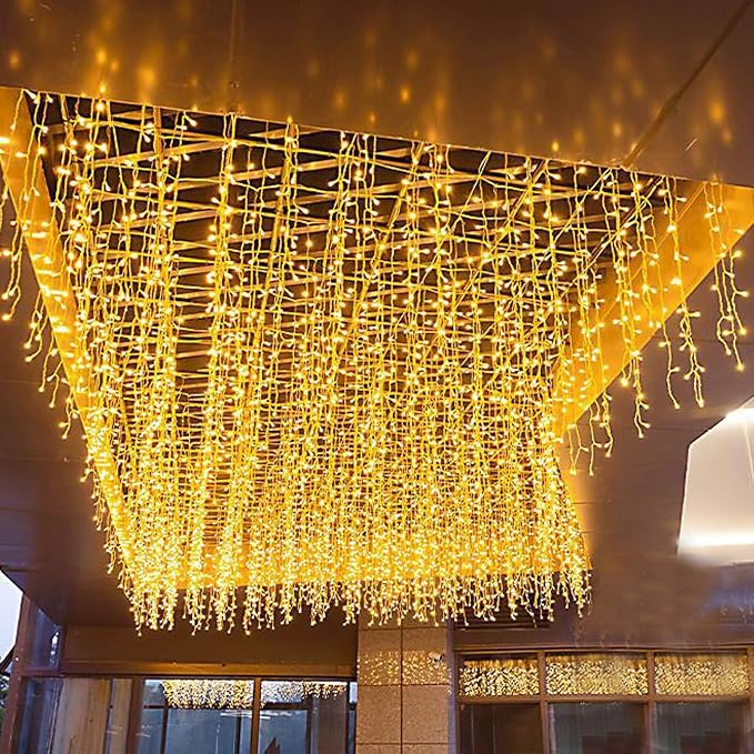 LED Icicle Christmas Lights, 16.4FT 112 LEDs Extendable Curtain 8 Modes Twinkle Novelty Christmas Long Window Dangling Fairy String Lights Outdoor Indoor, Warn White, 5M04