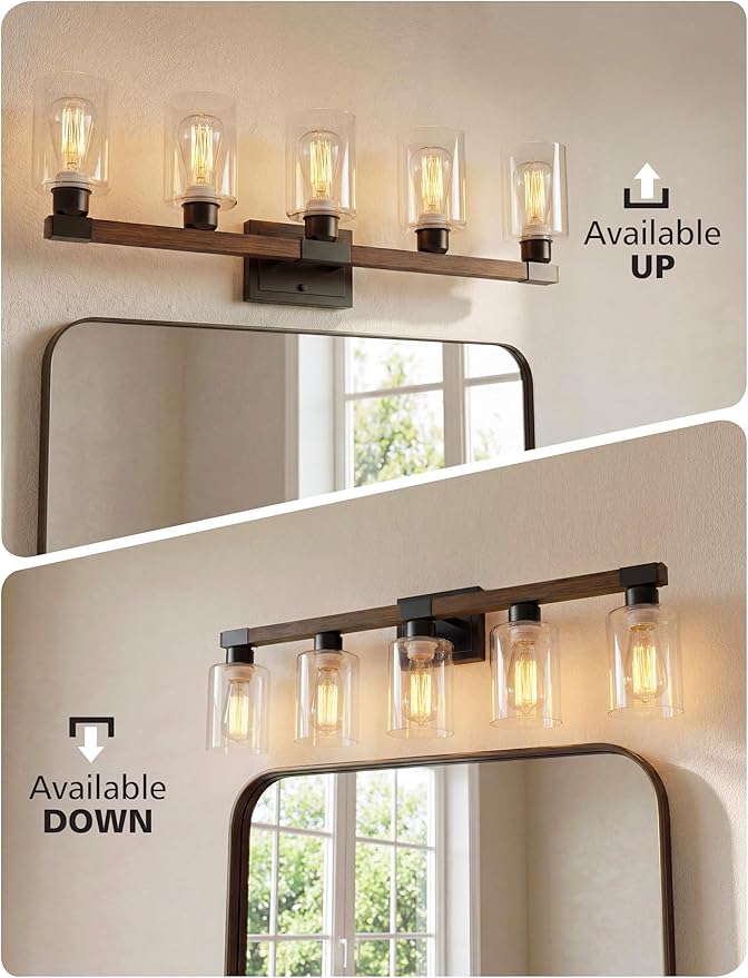 VOLISUN Farmhouse Bathroom Light Fixtures, 5 Light Bathroom Vanity Lights Over Mirror, Rustic Vanity Light for Bathrooms,Wood Bathrooms Lights Fixtures Over Mirror-UL Certificated